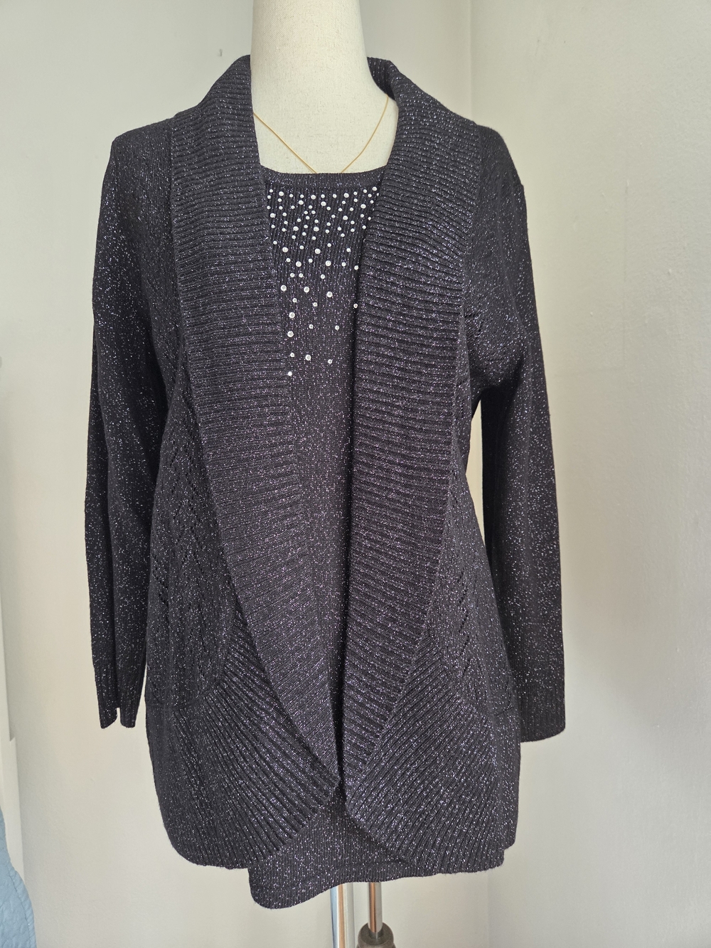 Laura Scott Black Sparkle Open-Front Knit Blazer